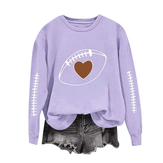 Qgtaibl Long Sleeve Fleece Sweatshirts for Women Heart Football Print Game Day Pullover Tops Fall Casual Football Season Shirt Purple XL