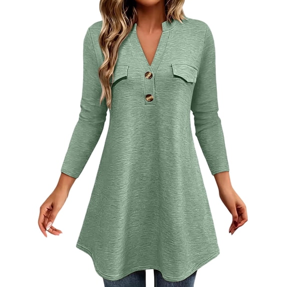 Qgtaibl Long Sleeve Henley Tunic Tops for Women Button V Neck Flared Hem Casual Swing Shirts Loose Fit Stretchy Extended Length Blouses Mint Green L