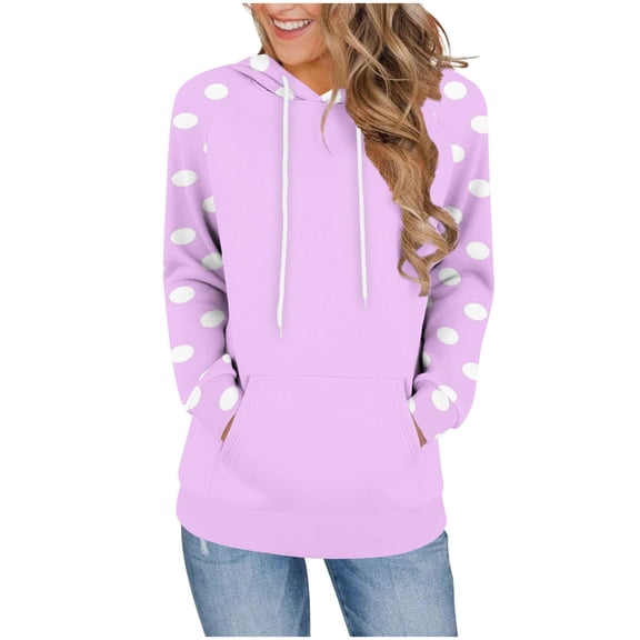 Qgtaibl Long Sleeve Hoodies for Women Trendy Polka Dot Drawstring Hooded Sweatshirt Loose Fit Comfy Fall Pullovers with Kangaroo Pocket Purple M