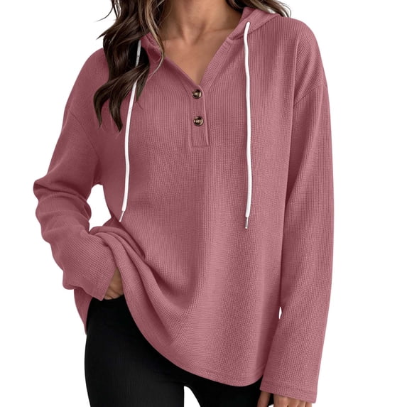 Qgtaibl Long Sleeve Hoodies for Women Waffle Knit Button V Neck Henley Shirts Drawstring Hood Loose Fit Casual Pullover Tops Red M