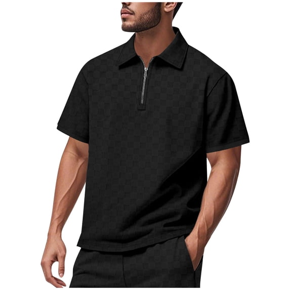 Qgtaibl Men's 1/4 Zipper Golf Shirts Jacquard Short Sleeve T-Shirts Summer Casual Dress Work Tee Collared Pullover Tops Black,M