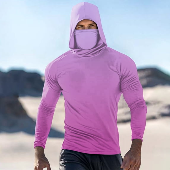 Qgtaibl Men's 1X Pullover Sun Hoodie with Built-In Face Mask Rash Guard Long Sleeve Cooling UV Protection Fishing Shirt Summer Tops (Hot Pink)