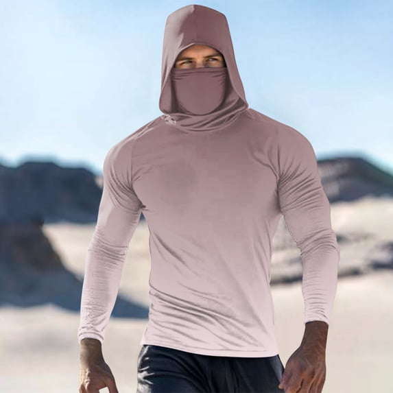 Qgtaibl Men's 1X Pullover Sun Hoodie with Built-In Face Mask Rash Guard Long Sleeve Cooling UV Protection Fishing Shirt Summer Tops (Wine)