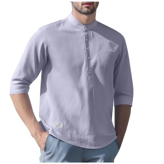 Qgtaibl Men's Beach T-Shirt Linen Mock Neck Half Sleeve Shirts Solid Color Casual Henley Tshirt Breathable Summer Everyday Tee Gray,M