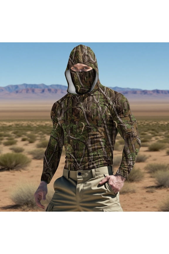 Men's Camouflage Hoodies UV Sun Protection S Long Sleeve Performance Gym Shirts Lightweight Running Jogging Workout Tops (001 Camouflage)