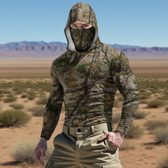 Qgtaibl Men's Camouflage Hoodies UV Sun Protection S Long Sleeve Performance Gym Shirts Lightweight Running Jogging Workout Tops (002 Camouflage)