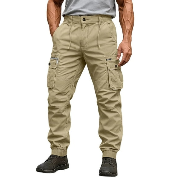 Qgtaibl Men's Cargo Long Pant Drawstring Elastic Waist Hiking Pants Multi-Pockets Outdoor Work Trousers (Khaki 29)