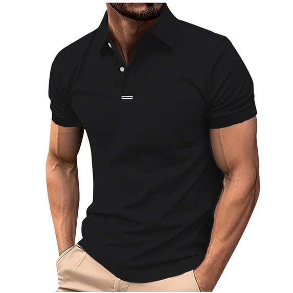 Qgtaibl Men's Golf T-Shirts Collared Short Sleeve Shirts Summer Button Cotton Pullover Trendy Tennis Tee Tops Black,L