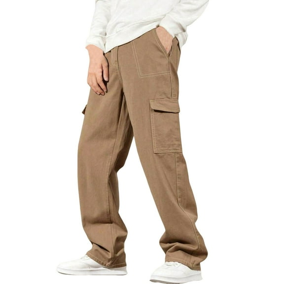 Qgtaibl Men's High Waist Athletic Pant Baggy Straight Leg Cargo Pants Contrast Stitching Skater Trouser with Pockets Yellow (Mens S)