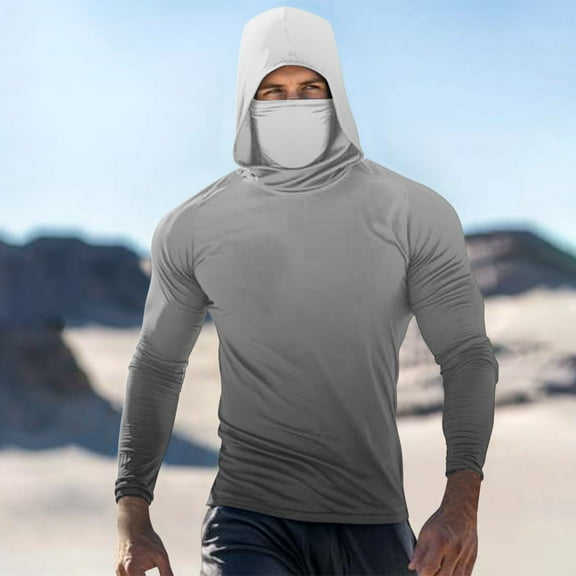 Qgtaibl Men's Hooded Sun Shirt 2X UV Long Sleeve Hoodie with Built-In Face Mask Cooling Summer Fishing Shirts UPF 50 Outdoor Work Tops (Dark Gray)