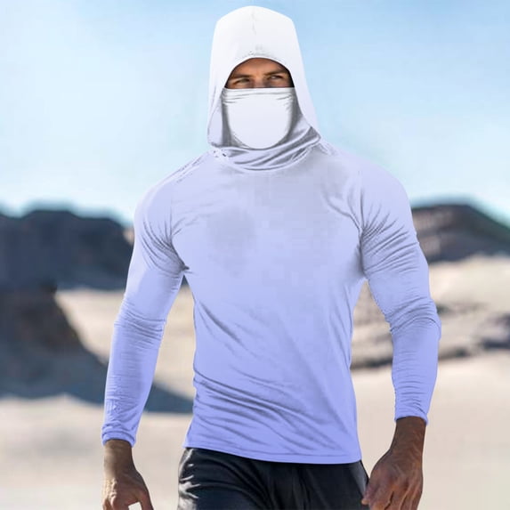 Qgtaibl Men's Hooded Sun Shirt M UV Long Sleeve Hoodie with Built-In Face Mask Cooling Summer Fishing Shirts UPF 50+ Outdoor Work Tops (Light Blue)