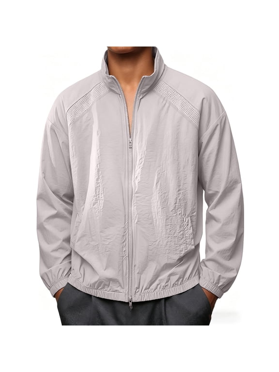 Men's Lightweight Track Jacket Full Zip Stand Collar Mesh Splice Windbreaker with Pockets for Running Training Outdoor Sports Gray M