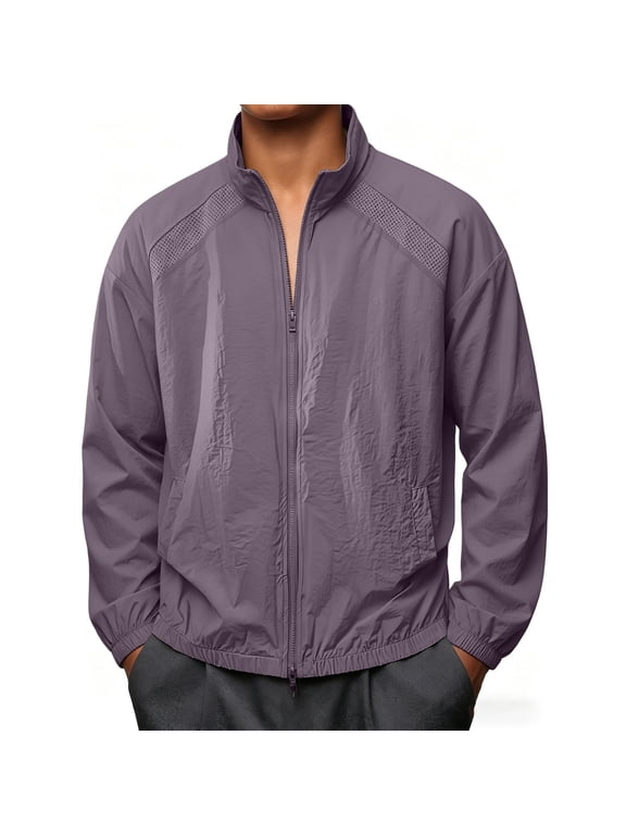 Men's Lightweight Track Jacket Full Zip Stand Collar Mesh Splice Windbreaker with Pockets for Running Training Outdoor Sports Purple M