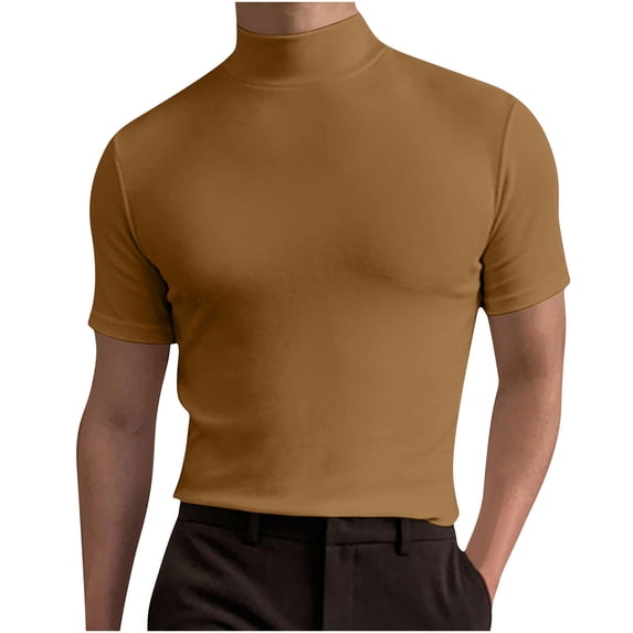 Qgtaibl Men's Mock Neck T-Shirts Solid Short Sleeve Shirt Slim Fit Workout Bodybuilding Tee Summer Basic Tops Khaki,XXL