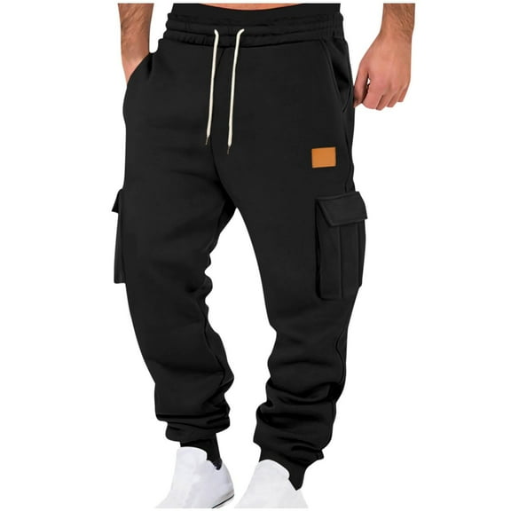 Qgtaibl Men's Multi-Pockets Sweatpants Drawstring Elastic Waist Joggers Thin Fleece Winter Running Athletic Cargo Pants Black (Mens S)