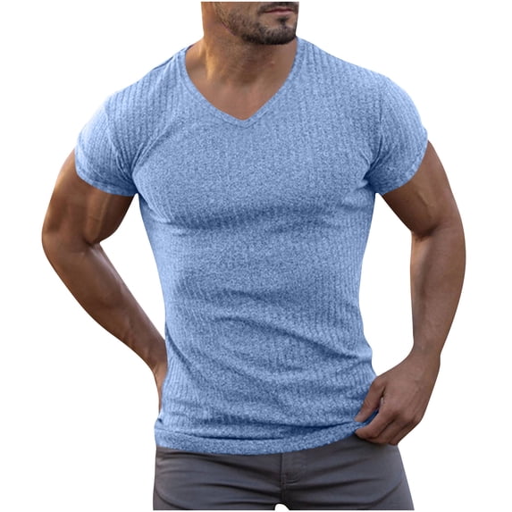 Qgtaibl Men's Muscle T Shirts Stretch Short Sleeve V Neck Shirt Slim Fit Bodybuilding Workout Tee Lightweight Ribbed Knit T-Shirts Blue,XL