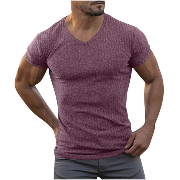 Qgtaibl Men's Muscle T Shirts Stretch Short Sleeve V Neck Shirt Slim Fit Bodybuilding Workout Tee Lightweight Ribbed Knit T-Shirts Red,L