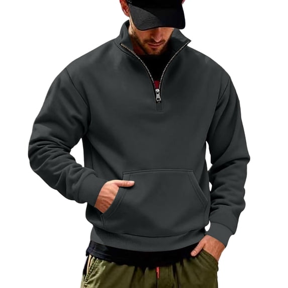 Qgtaibl Men's Quarter Zip Pullover Sweatshirt Stand Collar Thin Fleece Pullover Tops with Kangaroo Pocket Long Sleeve Ribbed Cuffs for Fall Winter Casual Outdoor Wear L