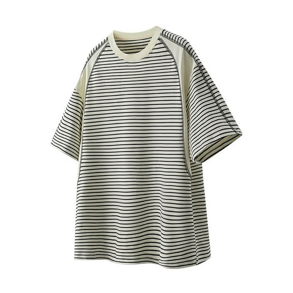 Qgtaibl Men's Striped T Shirts Cotton Raglan Short Sleeve Round Neck Tops Summer Casual Loose Fit Tee for Everyday Beige,L