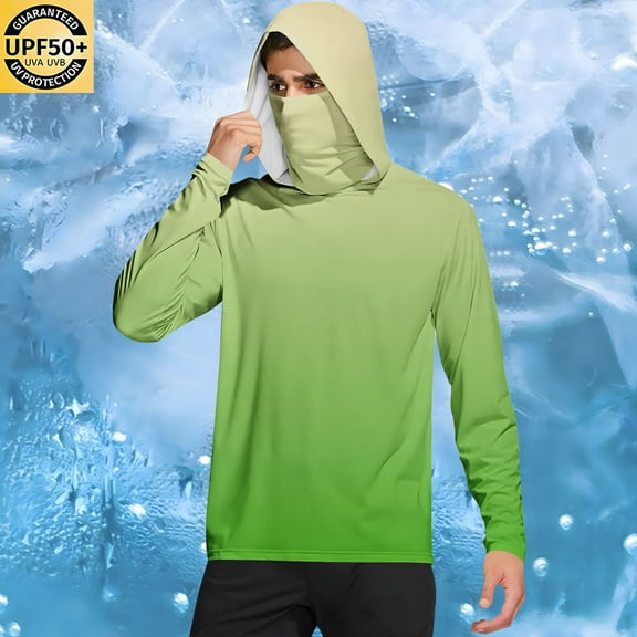 Qgtaibl Men's Sun Hoodie L Gradient Color Long Sleeve UV Protection Beach Shirt UPF 50  Face Mask Hooded T-Shirt Outdoor Travel Pullover Tops (Green)