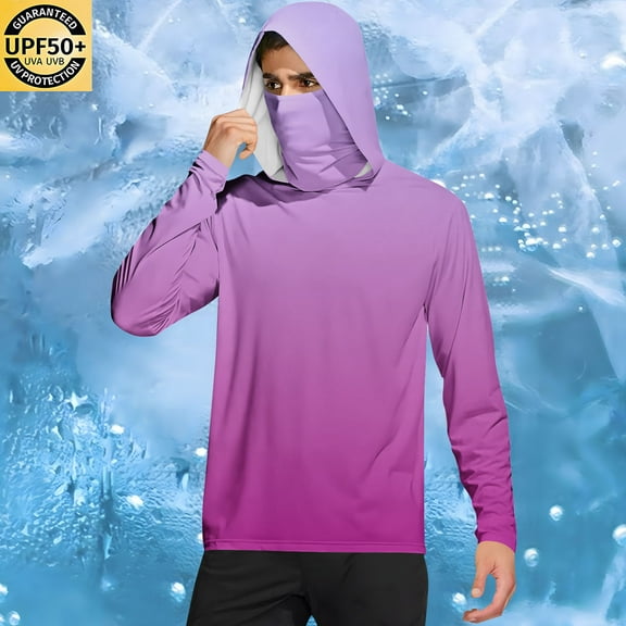 Qgtaibl Men's Sun Hoodie L Gradient Color Long Sleeve UV Protection Beach Shirt UPF 50  Face Mask Hooded T-Shirt Outdoor Travel Pullover Tops (Hot Pink)