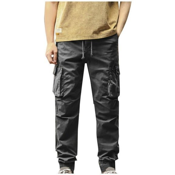 Qgtaibl Men's Tactical Cargo Pants Drawstring Stretch Waist Joggers Elastic Bottom Running Hiking Athletic Pant with Pockets Gray (Mens 2X)