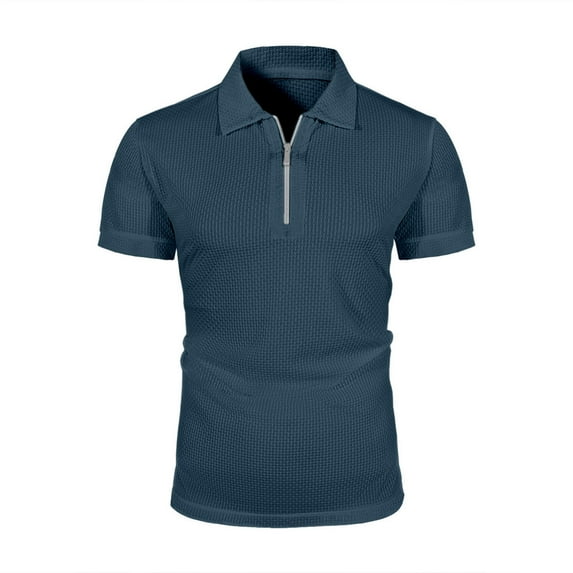 Qgtaibl Men's Trendy Golf Shirts 1/4 Zip Collared Short Sleeve Breathable Shirt Summer Solid Color Athletic T-Shirt with Pocket Blue,L