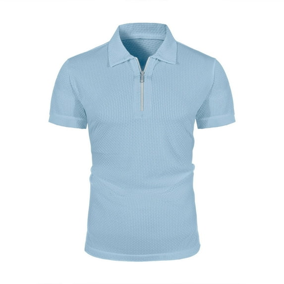 Qgtaibl Men's Trendy Golf Shirts 1/4 Zip Collared Short Sleeve Breathable Shirt Summer Solid Color Athletic T-Shirt with Pocket Light Blue,S