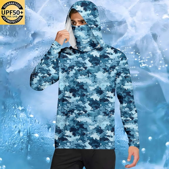 Qgtaibl Men's UPF 50  Hoodie L Sunscreen Shirts Camo Long Sleeve Hooded Fishing Tee Summer UV Protection Sun T-Shirts Outdoor Rash Guard Pullover Tops (Sky Blue)