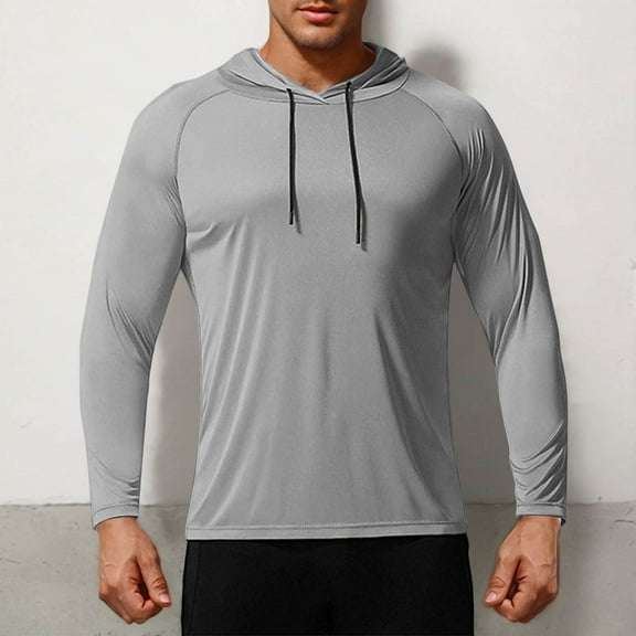 Qgtaibl Men's UPF 50  Hoodie Sun Protection Raglan Long Sleeve Shirt L Quick Dry Running Workout T-Shirt Moisture Wicking Gym Tee Tops (Gray)