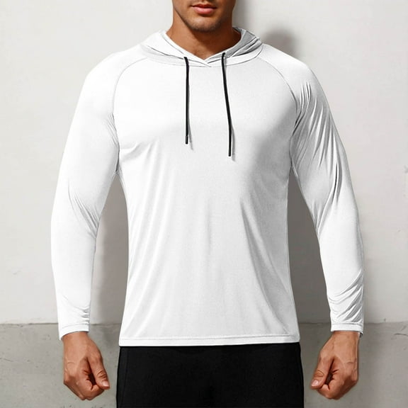 Qgtaibl Men's UPF 50  Hoodie Sun Protection Raglan Long Sleeve Shirt L Quick Dry Running Workout T-Shirt Moisture Wicking Gym Tee Tops (White)