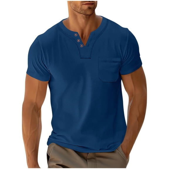 Qgtaibl Men's V Neck Henley Short Sleeve Shirt Summer Lightweight Tee Solid Color Casual Basic Tees with Chest Pocket Navy,L