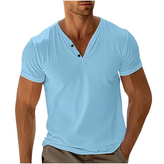 Qgtaibl Men's V-Neck T Shirt Cotton Short Sleeve Summer Basic T-Shirt Solid Color Slim Fit Workout Muscle Gym Tee Tops Sky Blue,S