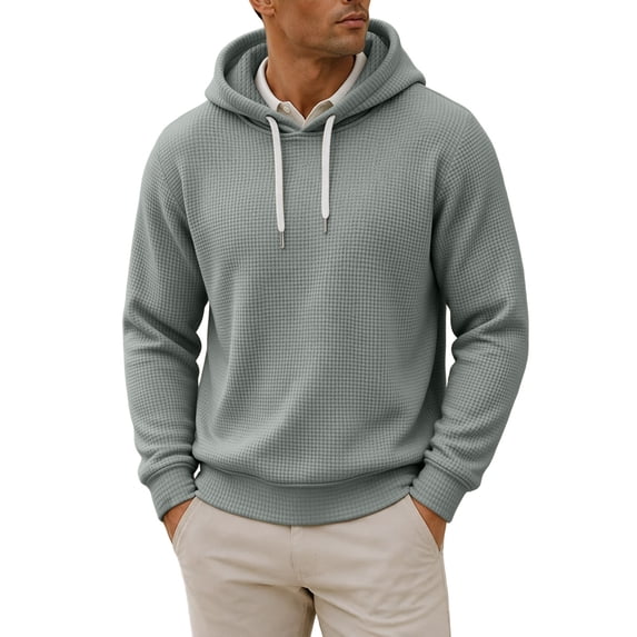Qgtaibl Men's Waffle Knit Pullover Hoodie Soft Textured Drawstring Hood Sweatshirt Long Sleeve Solid Color Loose Fit Casual Hooded Top for Daily Fall Wear M
