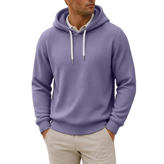 Qgtaibl Men's Waffle Knit Pullover Hoodie Soft Textured Drawstring Hood Sweatshirt Long Sleeve Solid Color Loose Fit Casual Hooded Top for Daily Fall Wear XL