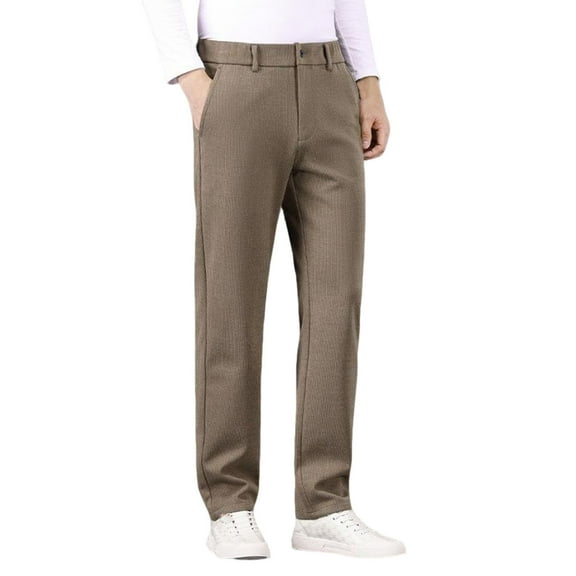 Qgtaibl Men's Work Pants Elastic Waisted Button Zip Front Straight Leg Pant Dressy Business Office Bottoms with Pocket (Khaki L)