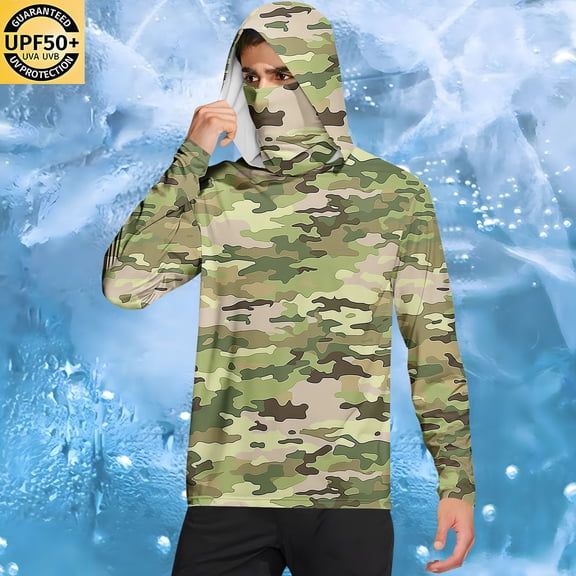 Qgtaibl Mens Camo Sun Hoodie with Face Mask Rash Guard Long Sleeve 1X Quick Dry UV Protection Shirts for Hiking Beach Outdoor (Mint Green)