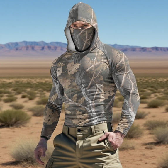 Qgtaibl Mens Camo Sun Hoodies with Face Mask UPF 50+ Hiking Shirts Hooded Long Sleeve M UV Protection Tops for Fishing Camping Travel (004 Camouflage)
