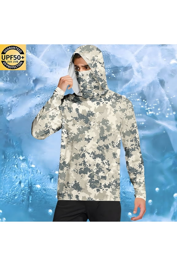 Mens Camouflage UPF Shirt Long Sleeve 2X Sun Protection Shirt with Face Cover UV Blocking T-Shirt for Hiking Outdoor Travel (Khaki)