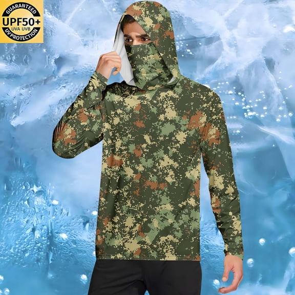 Qgtaibl Mens Camouflage UPF Shirt Long Sleeve L Sun Protection Shirt with Face Cover UV Blocking T-Shirt for Hiking Outdoor Travel (Green)