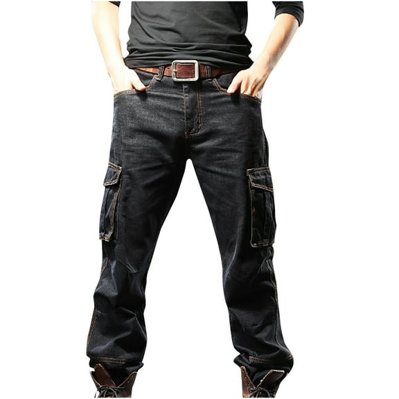 Qgtaibl Mens Cargo Jeans Trendy Denim Straight Leg Work Pant Casual Loose Fit Hip-Hop Streetwear Pants Black (Men's M)