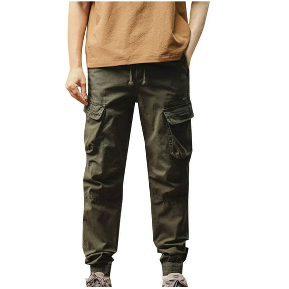 Qgtaibl Mens Cargo Tactical Pants Elastic Waist Drawstring Athletic Pant Solid Color Multi-Pockets Outdoor Hiking Jogger Pants Army Green (Men's 2X)