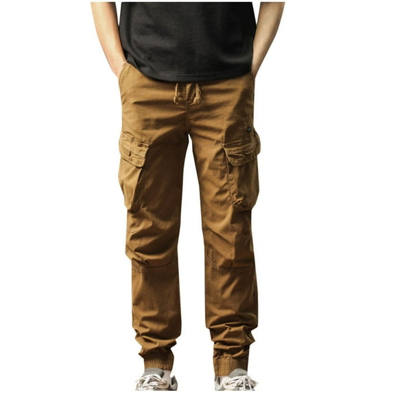Qgtaibl Mens Cargo Tactical Pants Elastic Waist Drawstring Athletic Pant Solid Color Multi-Pockets Outdoor Hiking Jogger Pants Beige (Men's L)