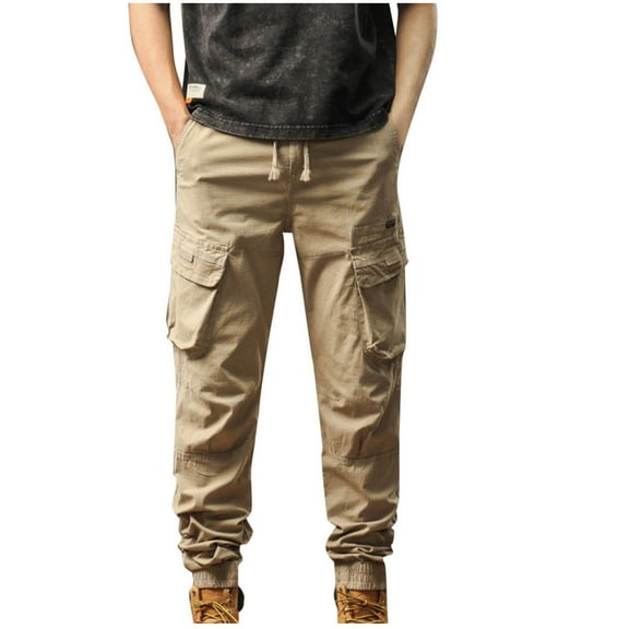 Qgtaibl Mens Cargo Tactical Pants Elastic Waist Drawstring Athletic Pant Solid Color Multi-Pockets Outdoor Hiking Jogger Pants Khaki (Men's M)