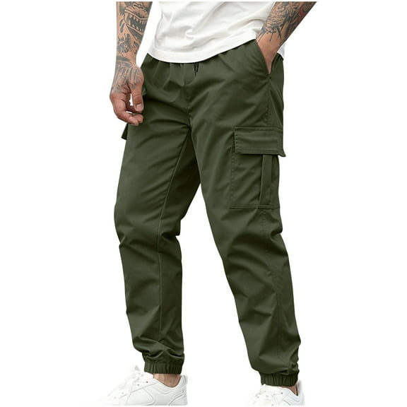 Qgtaibl Mens Casual Cargo Joggers Pants Elastic Waist Drawstring Loose Fit Work Pants Multi-Pockets Sweatpants Army Green (Men's S)
