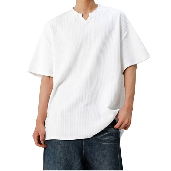 Qgtaibl Mens Casual T Shirt Notch V Neck Short Sleeve Solid Color Summer Basic T-Shirt Casual Loose Fit Everyday Tee Tops White,M