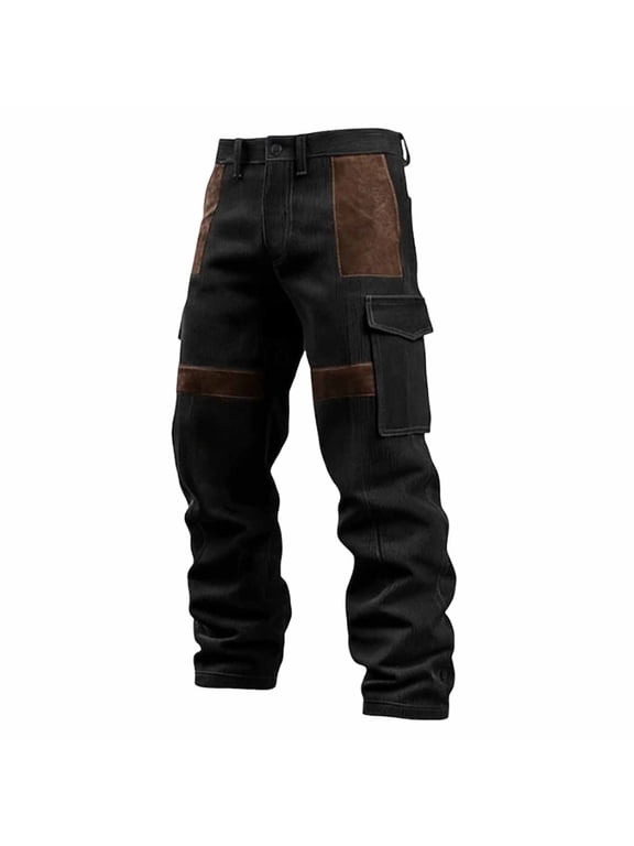 Mens Corduroy Cargo Pants Black Trendy Patchwork Straight Leg Work Pants with Pockets Outdoor Active Wear S