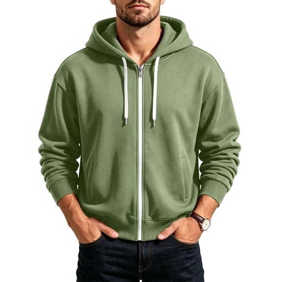 Qgtaibl Mens Full Zip Sweatshirt Jacket Solid Color Thin Fleece Casual Coat Loose Fit Long Sleeve Fall Hooded Top with Pockets for Daily Wear Green XXXL