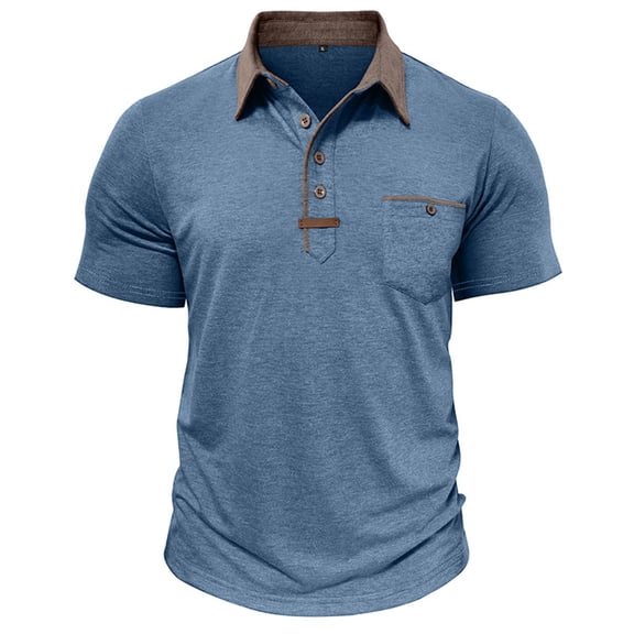 Qgtaibl Mens Golf Shirts Short Sleeve Collared Button Down Tees Summer Slim Fit Athletic T Shirt with Chest Pocket Blue,S