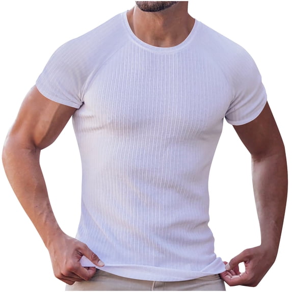 Qgtaibl Mens Gym Muscle T Shirts Summer Slim Fit Bodybuilding Workout Tees Solid Color Crewneck Short Sleeve Tops White,XL